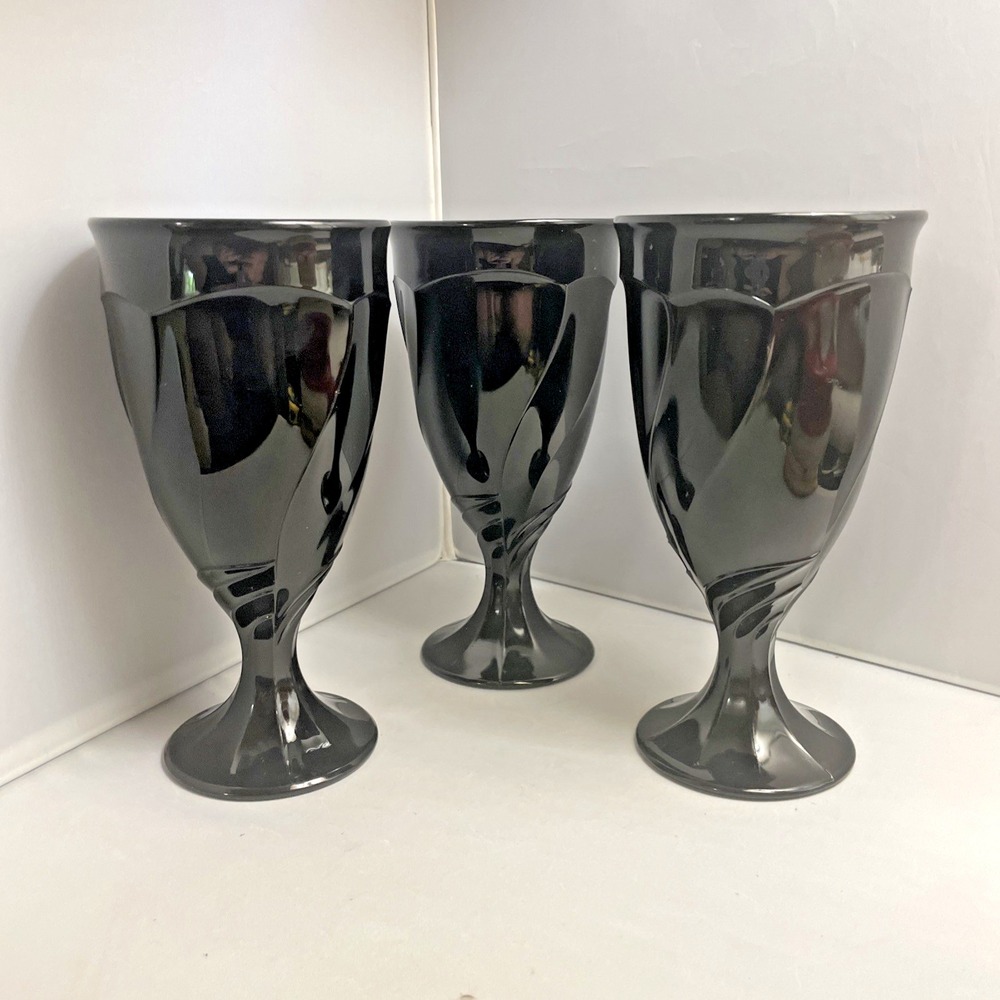 Noritake Sweet Swirl Set Of 3 Glasses Black Goblet Iced Tea Glass Vintage
